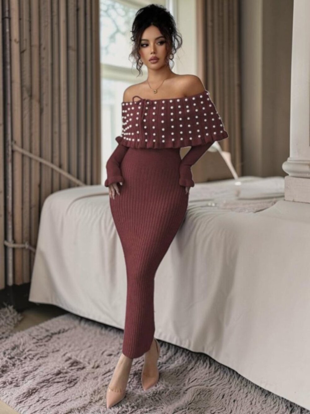 Burgundy Off Shoulder Sweater Maxi Dress Pearl Fitted Knit Elegant Size: S NEW